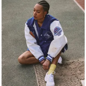 Blouson bleu et blanc de baseball universitaire de Londres pour femme