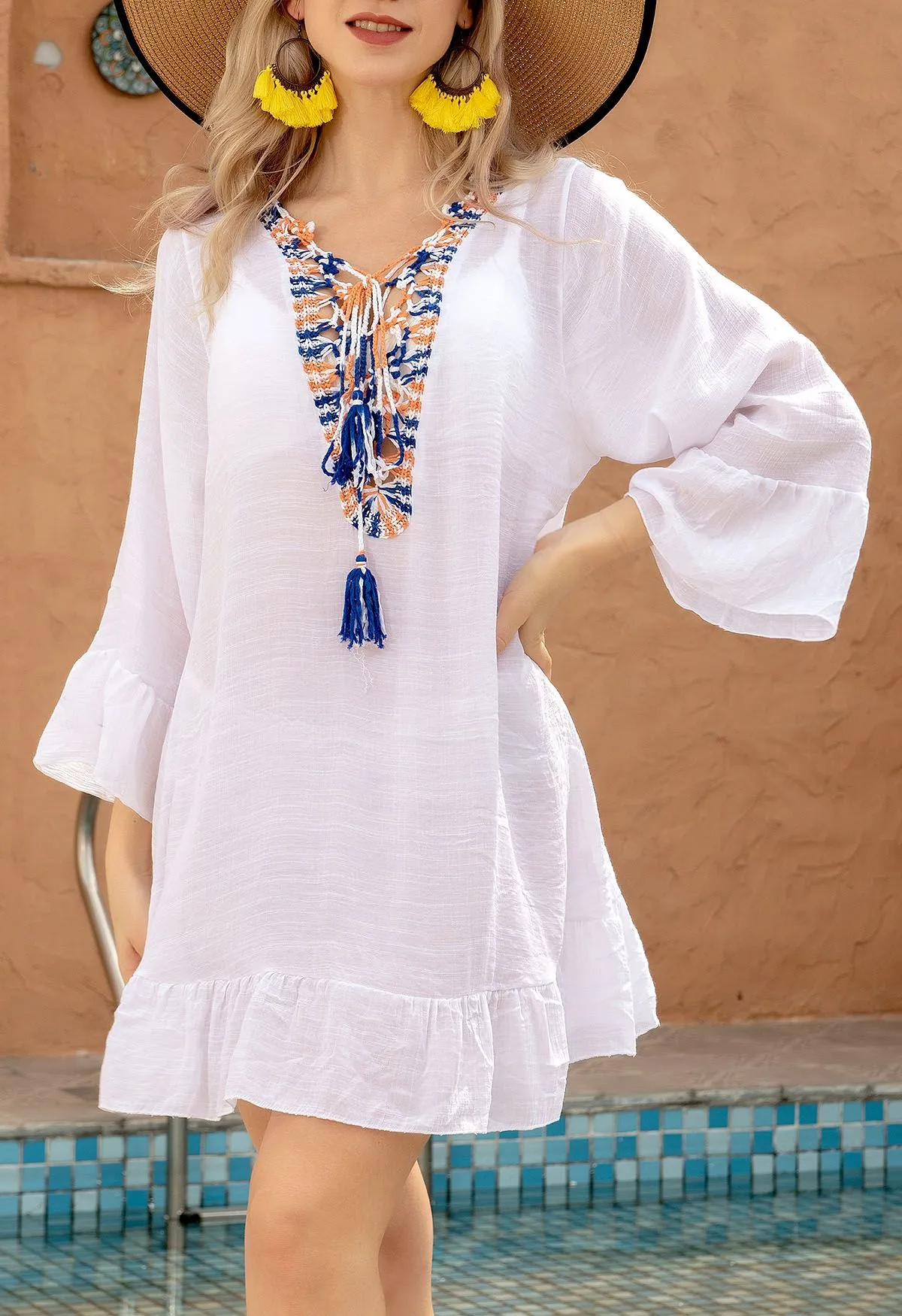 Boho Contrast Crochet Cover Up en Blanc