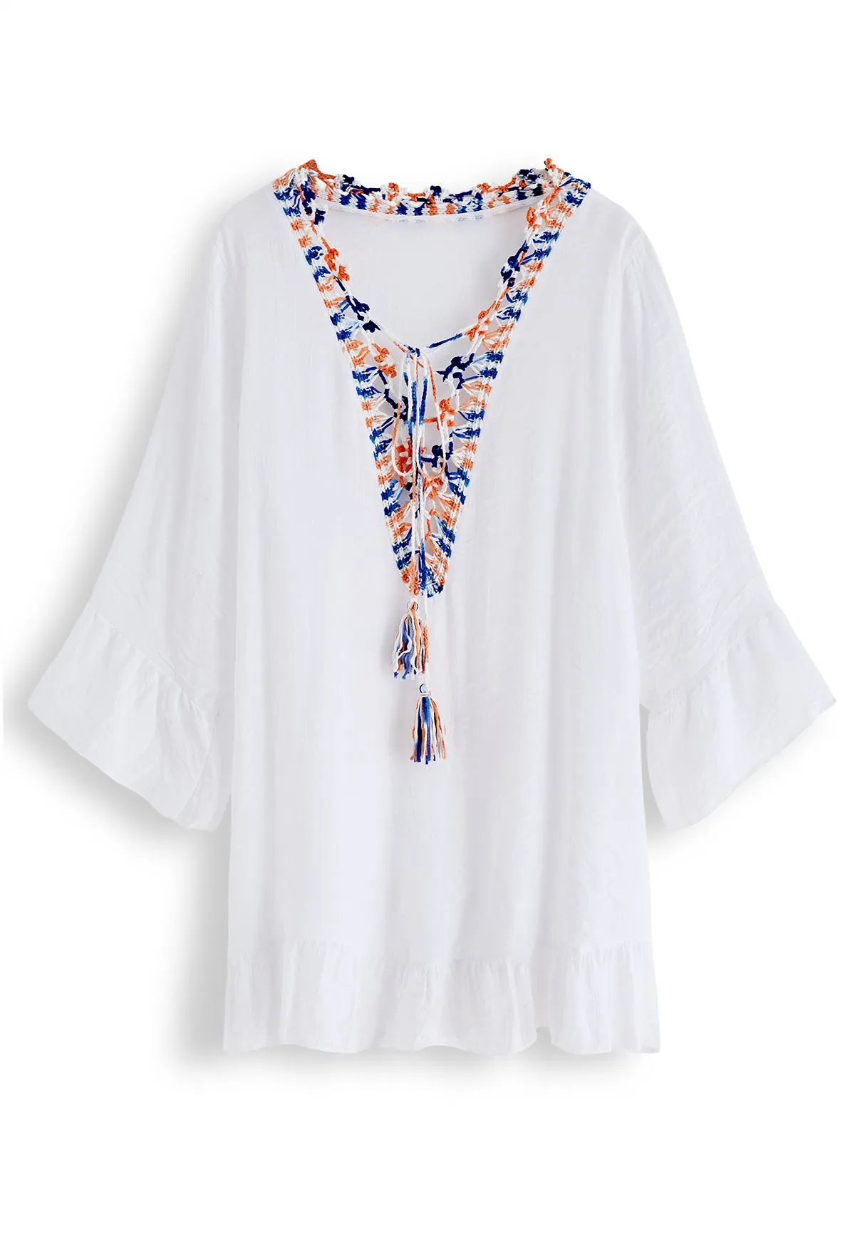 Boho Contrast Crochet Cover Up en Blanc