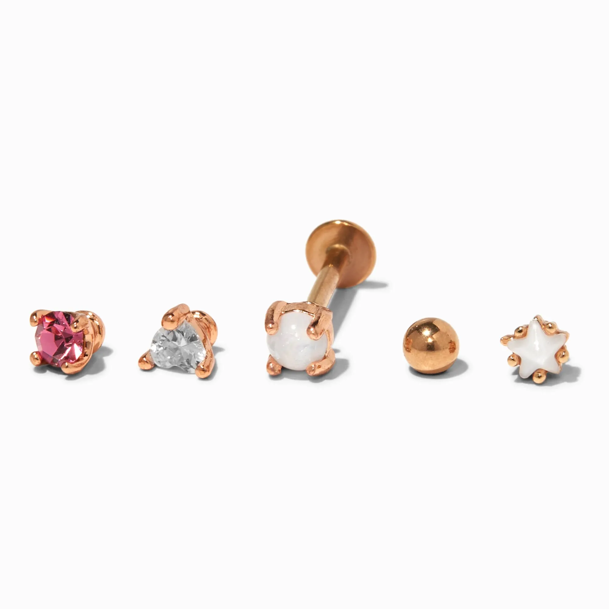 Boucles d'oreilles pour piercing tragus à arrière plat multi interchangeables couleur doré rose - Lot de 5