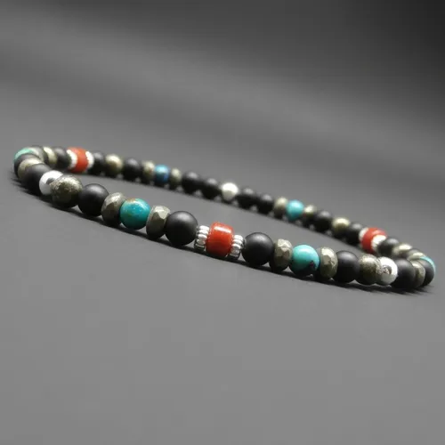 Bracelet fin homme, stretch, multicolore, corail bambou, pierres gemmes, turquoise, pyrite, onyx mat, perles en argent sterling 