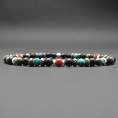 Bracelet fin homme, stretch, multicolore, corail bambou, pierres gemmes, turquoise, pyrite, onyx mat, perles en argent sterling 