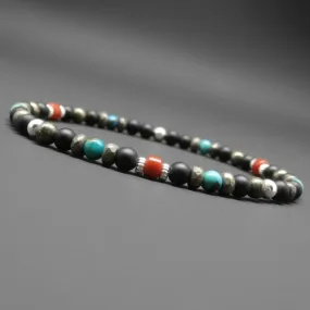 Bracelet fin homme, stretch, multicolore, corail bambou, pierres gemmes, turquoise, pyrite, onyx mat, perles en argent sterling 