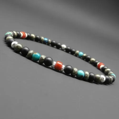 Bracelet fin homme, stretch, multicolore, corail bambou, pierres gemmes, turquoise, pyrite, onyx mat, perles en argent sterling 