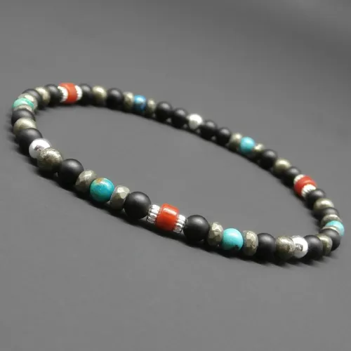 Bracelet fin homme, stretch, multicolore, corail bambou, pierres gemmes, turquoise, pyrite, onyx mat, perles en argent sterling 