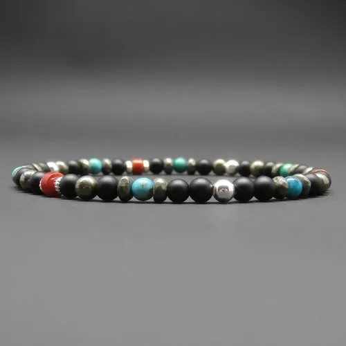 Bracelet fin homme, stretch, multicolore, corail bambou, pierres gemmes, turquoise, pyrite, onyx mat, perles en argent sterling 