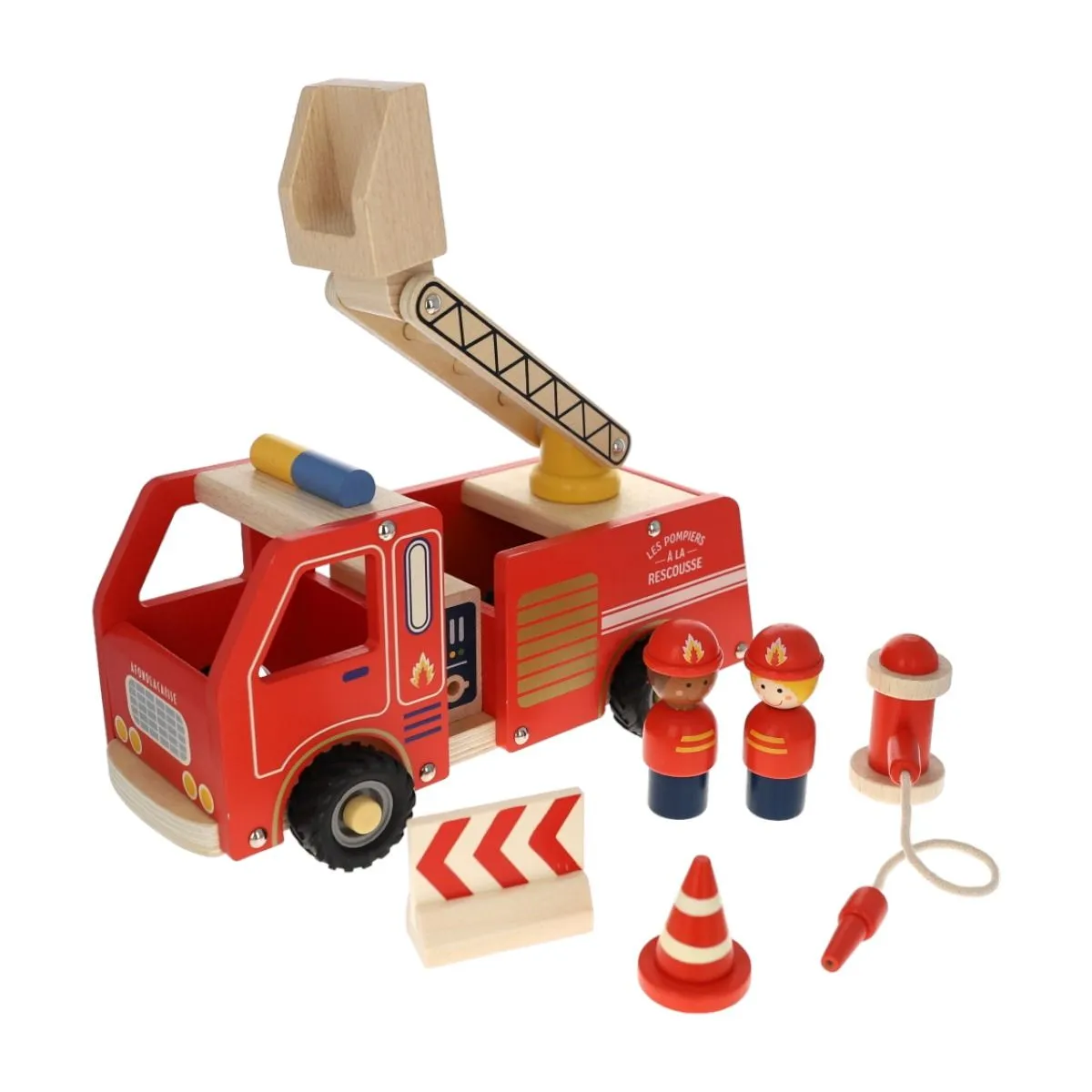 Camion de pompiers en bois rouge Mercredi et Patati - Le petit Souk