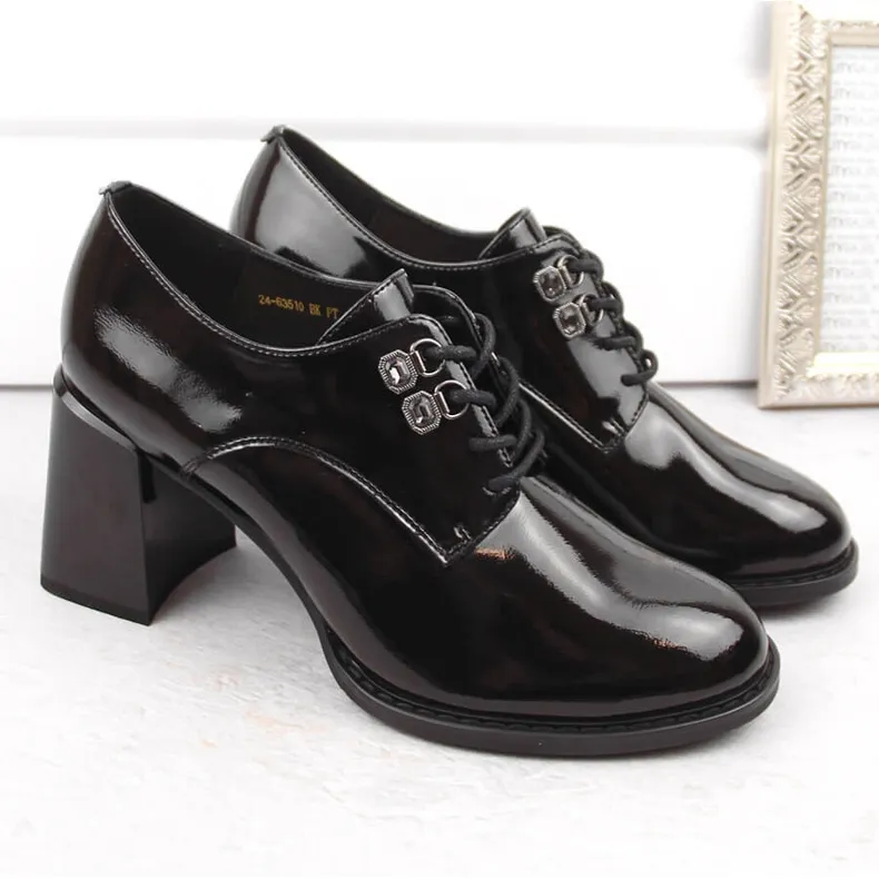 Chaussures femme en cuir verni à talon haut décoratif, noir Vinceza 63510 le noir