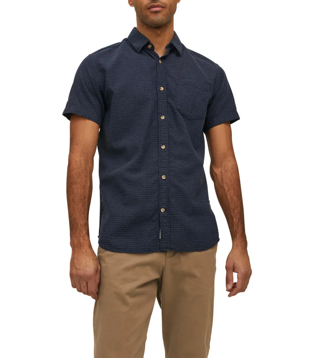 Chemise avec manches courtes et col français Jack & Jones coton marine à pois