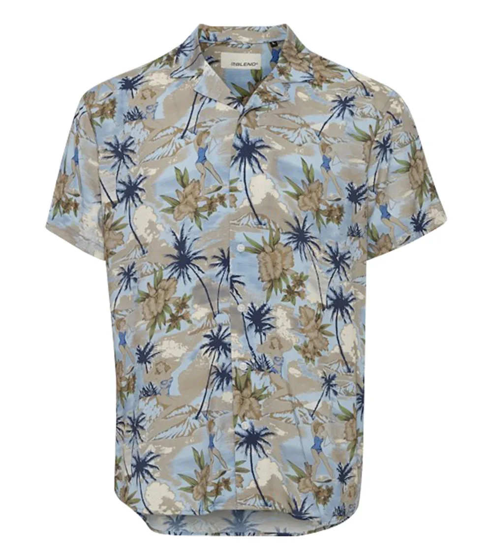 Chemise droite Blend en coton bleu à motif tropical, col cubain et manches courtes