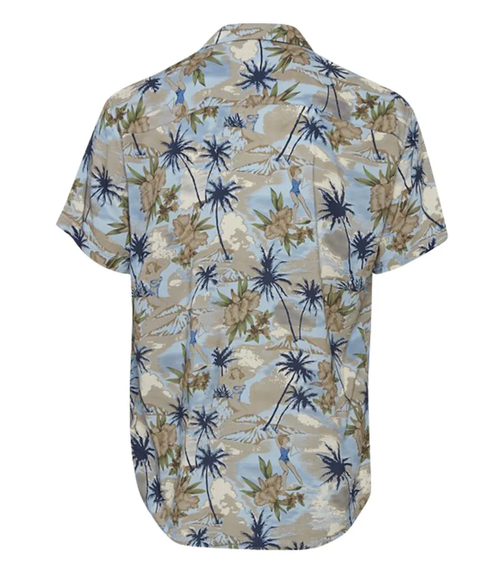 Chemise droite Blend en coton bleu à motif tropical, col cubain et manches courtes