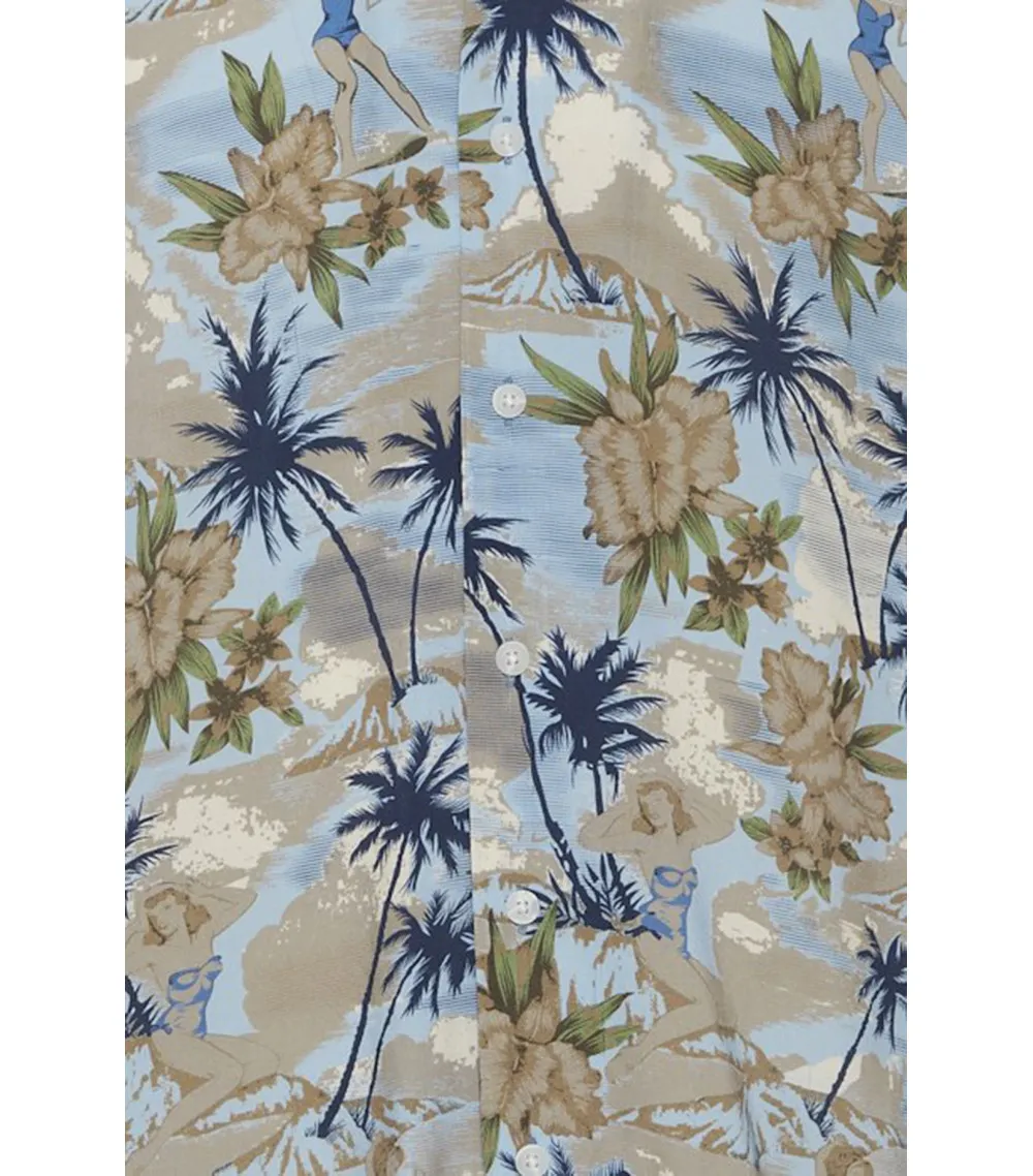 Chemise droite Blend en coton bleu à motif tropical, col cubain et manches courtes