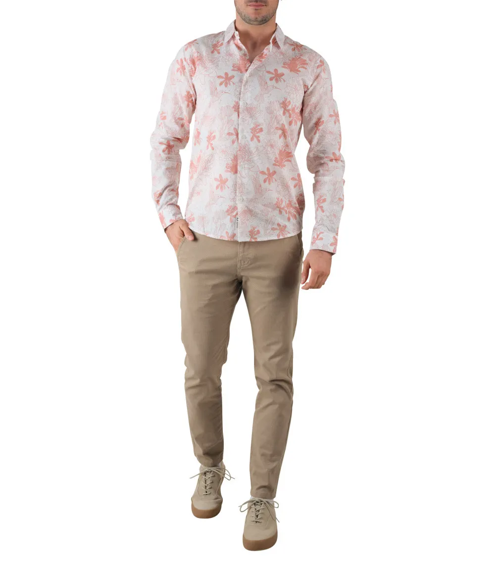 Chemise droite Deeluxe en coton avec manches longues et col italien écrue fleurie