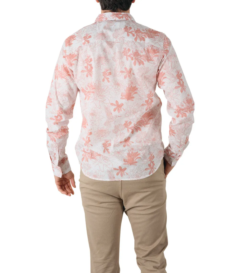 Chemise droite Deeluxe en coton avec manches longues et col italien écrue fleurie