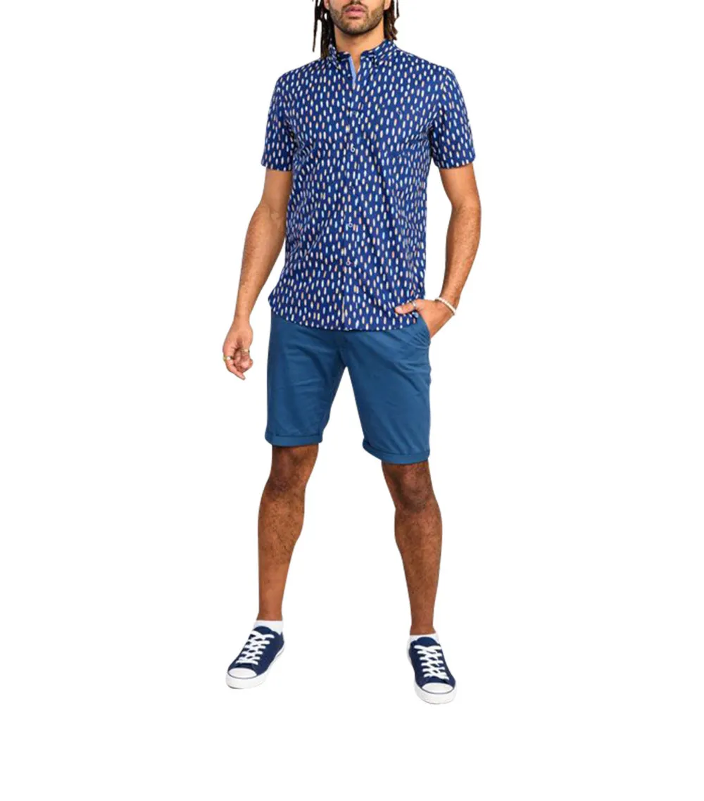 Chemise Duke en coton avec manches courtes et col américain bleu marine