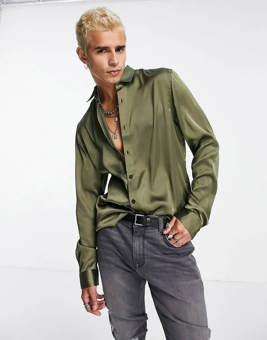 Chemise en satin – Olive vert – Homme grand