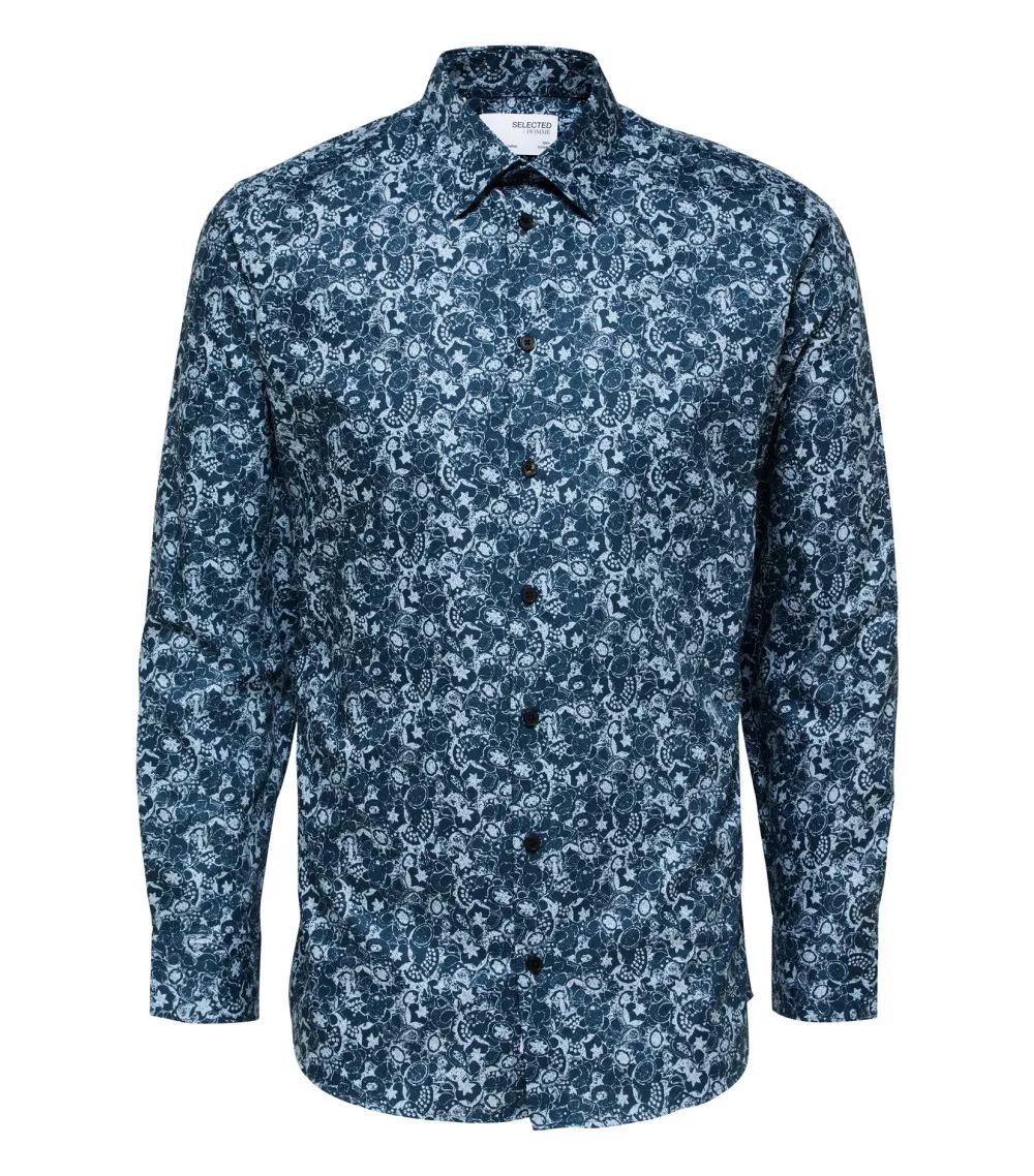 Chemise manches longues avec un col italien Selected en en coton mélangé bleue