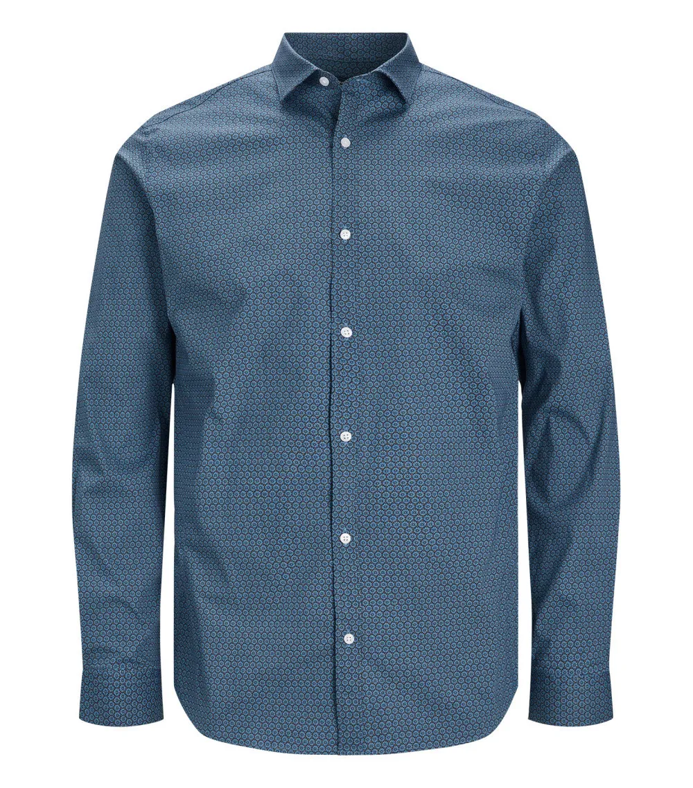 Chemise Premium en coton avec manches longues et col italien bleu marine fleurie