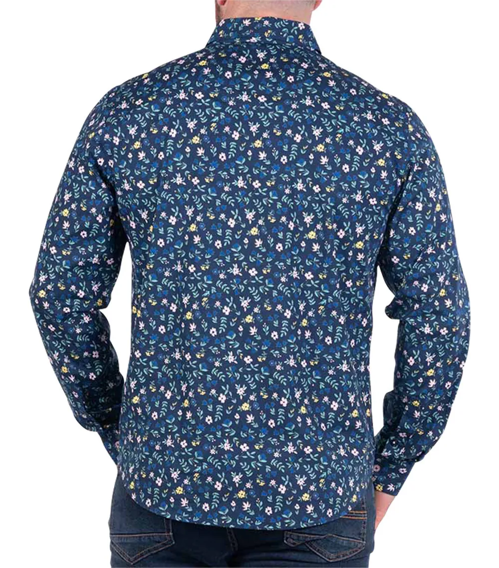 Chemise Ruckfield coton avec manches longues et col américain bleu marine fleurie