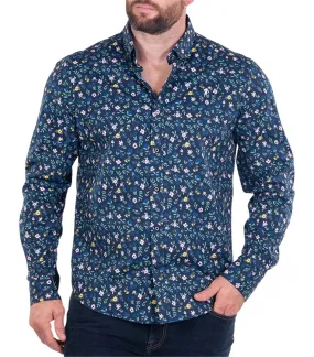 Chemise Ruckfield coton avec manches longues et col américain bleu marine fleurie