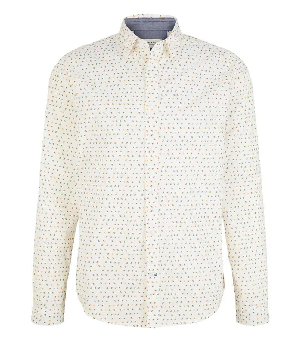 Chemise Tom Tailor en coton avec manches longues et col italien écrue à pois