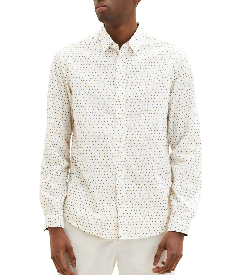 Chemise Tom Tailor en coton avec manches longues et col italien écrue à pois