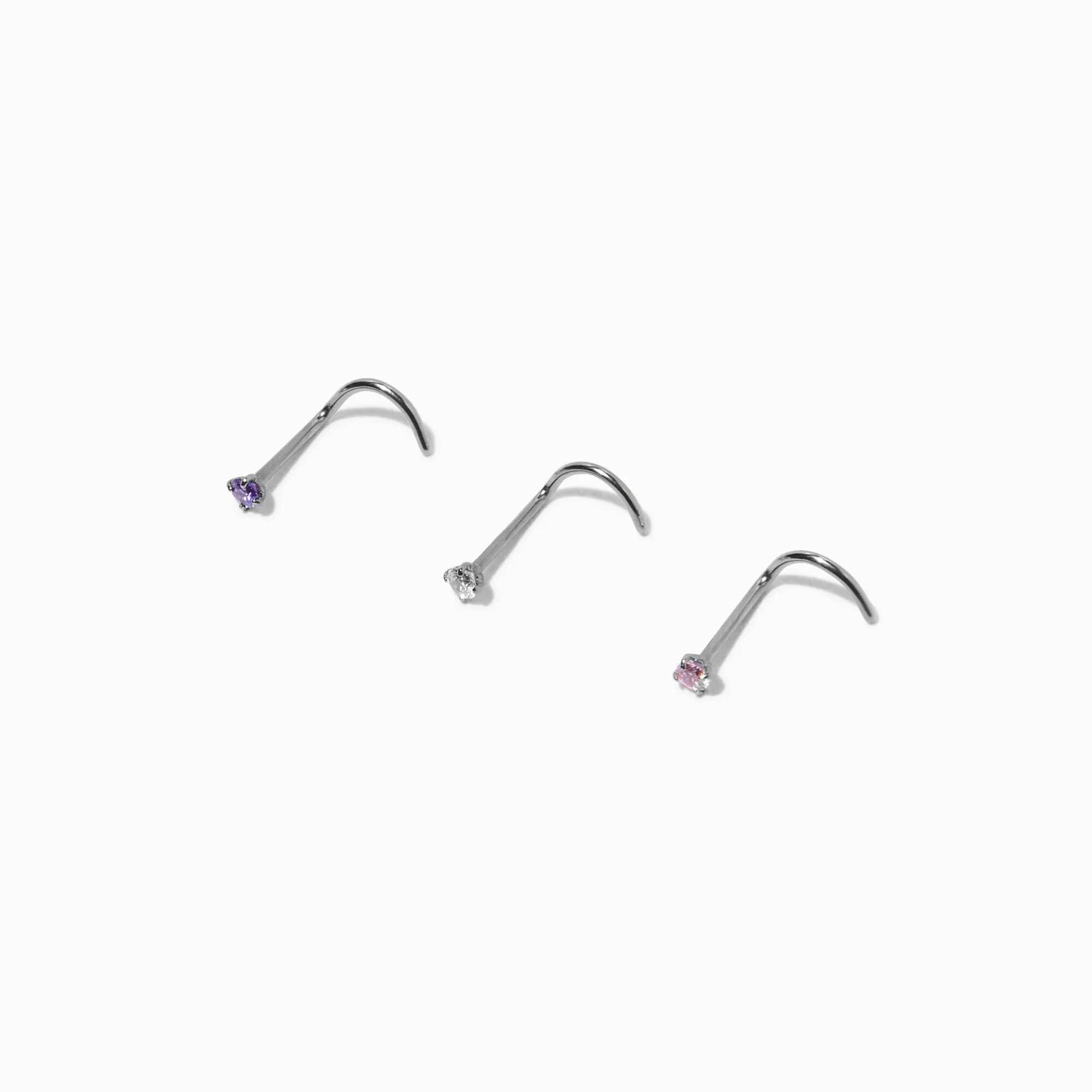 Clous de nez violet, rose et transparent 20 G en titane couleur argentée - Lot de 3