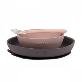 Coffret repas 3 pièces en silicone rose/gris