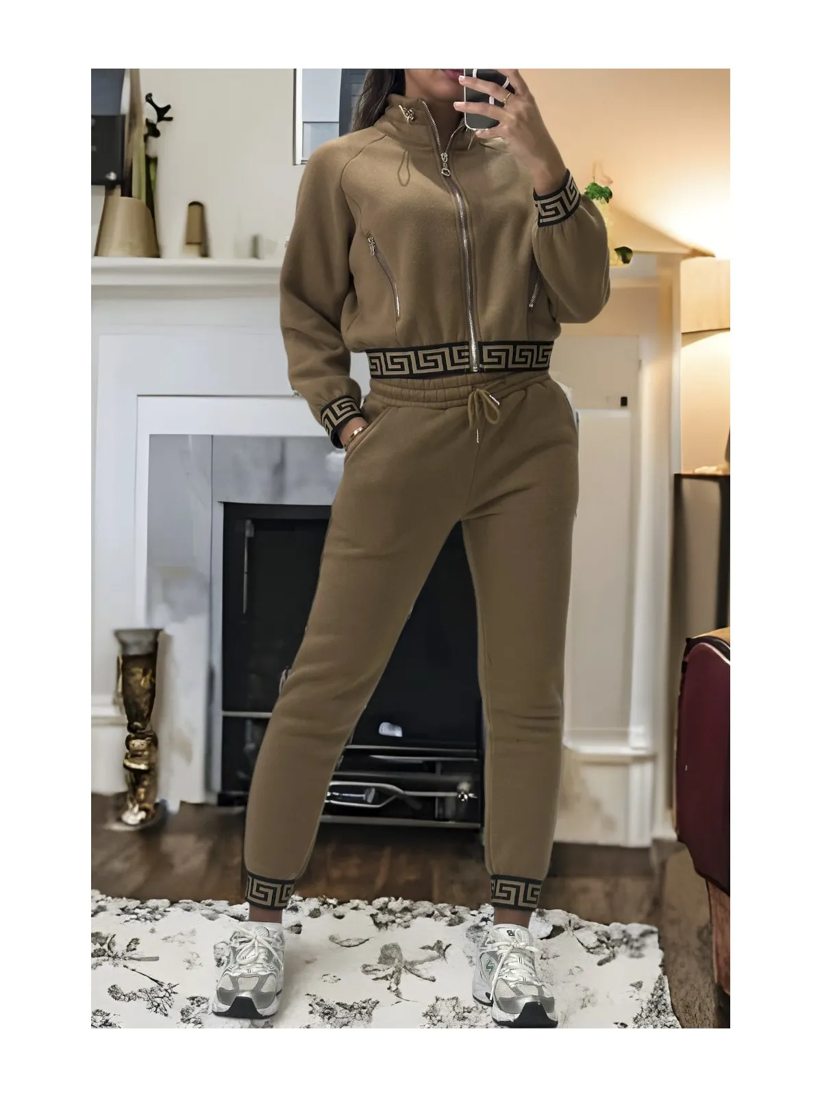 Ensemble jogging et sweat zippé camel très épais avec bande inspi