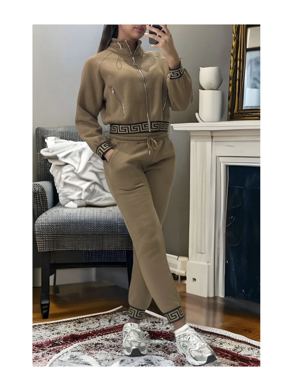 Ensemble jogging et sweat zippé camel très épais avec bande inspi