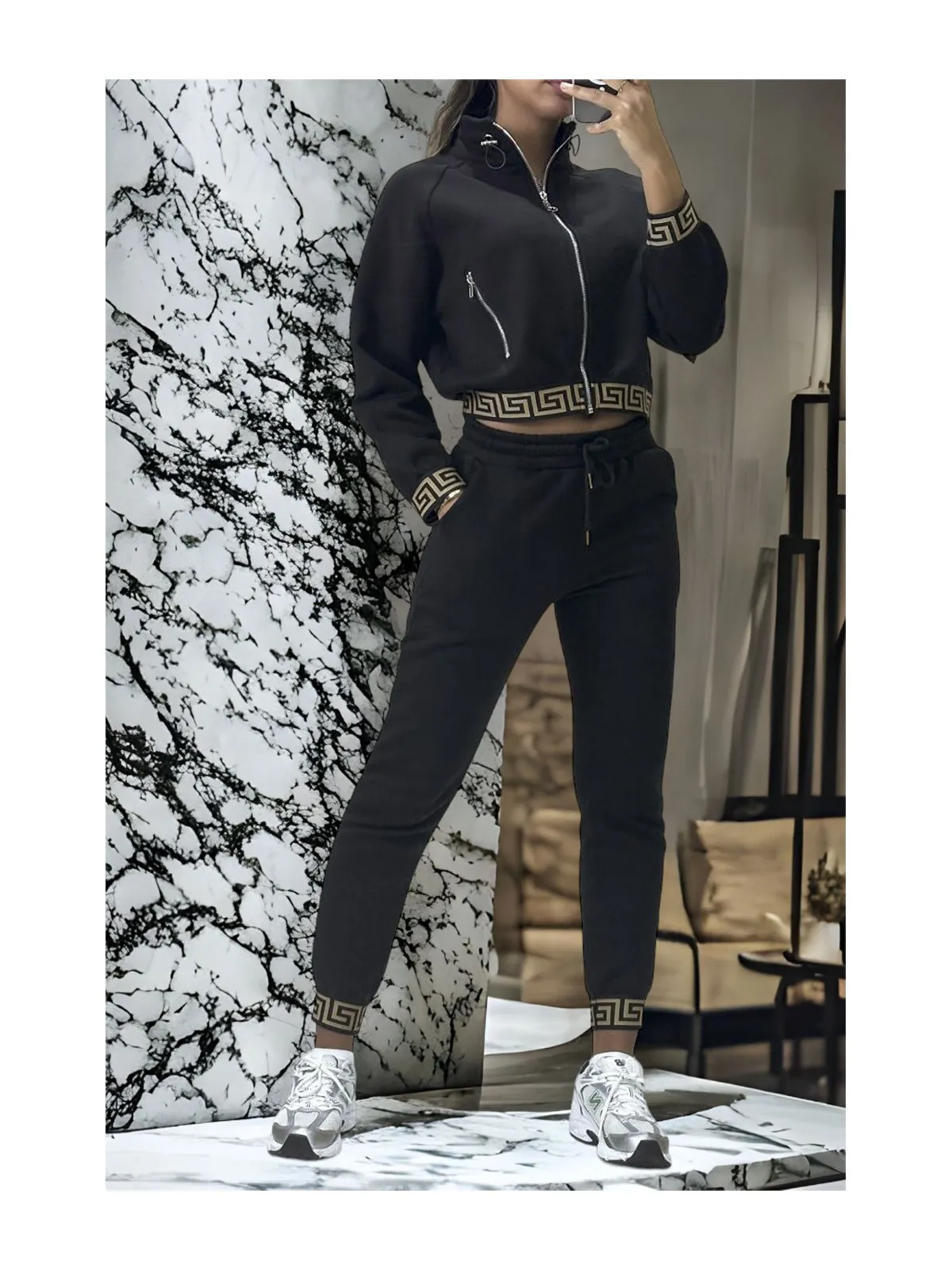 Ensemble jogging et sweat zippé noir très épais avec bande inspi