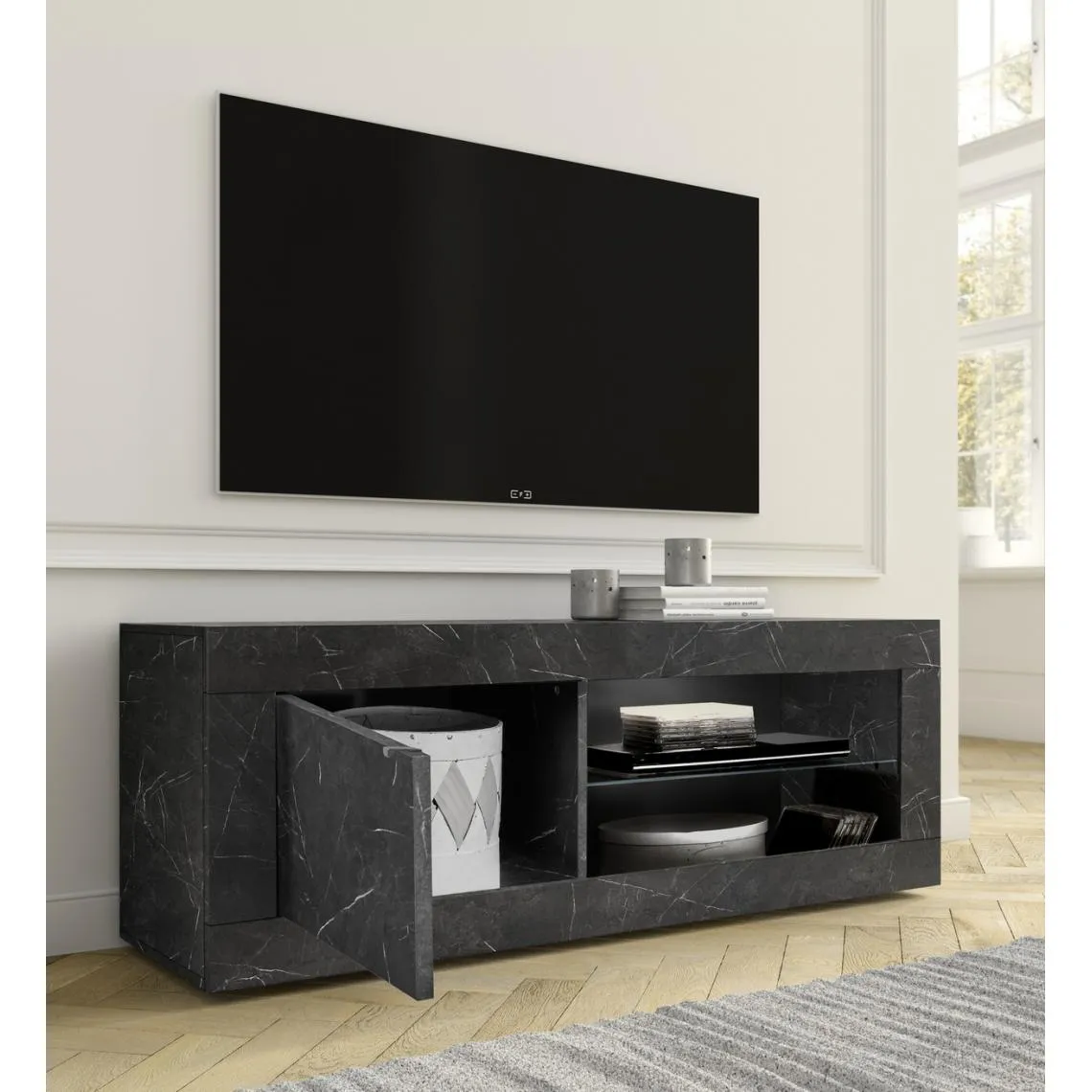 Meuble TV 1 porte BASIC décor marbre noir  | 3 Suisses