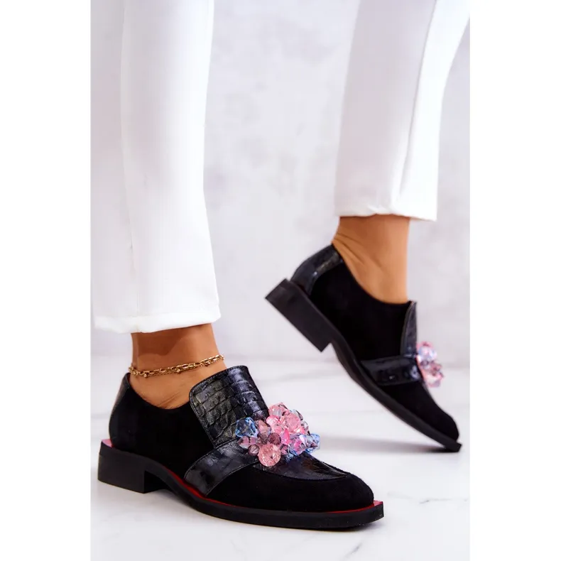 PA2 Chaussures En Daim Avec Décoration Davine Noire Et Rouge le noir