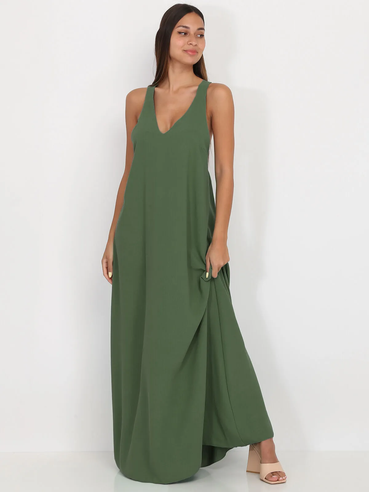 Robe longue et ample à dos croisé- Kaki