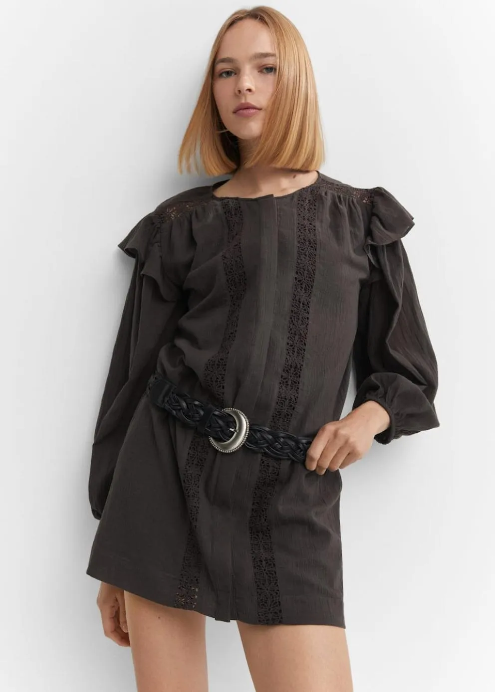 Robes Et Combinaisons | Femme MANGO Robe Courte Détails Dentelle Gris Anthracite