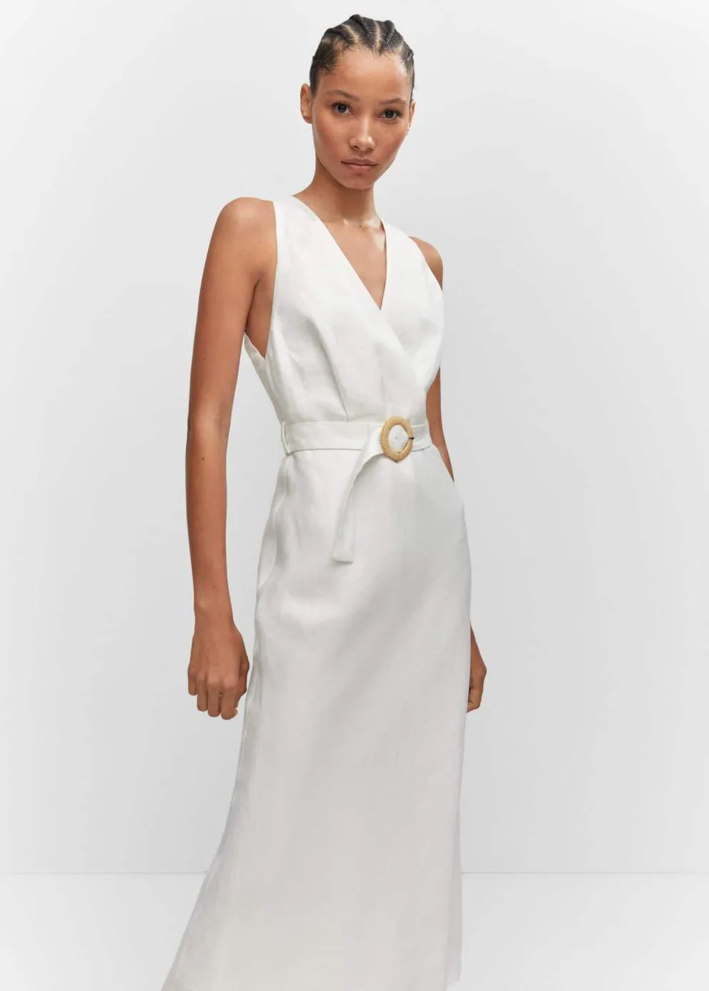 Robes Et Combinaisons | Femme MANGO Robe Lin Ceinture Blanc Cassé