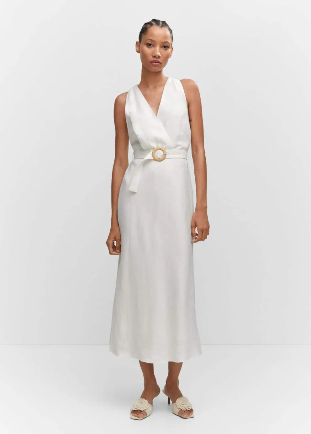 Robes Et Combinaisons | Femme MANGO Robe Lin Ceinture Blanc Cassé