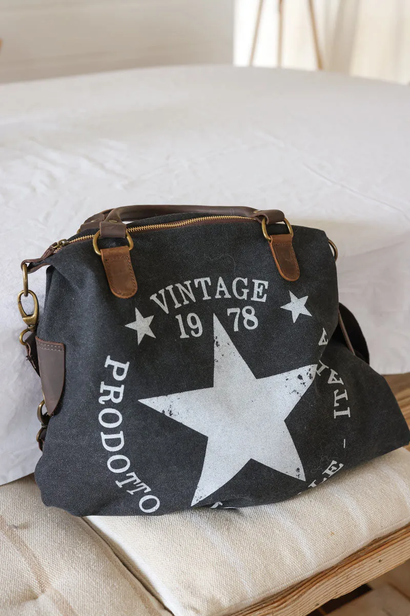 Sac à main gris anthracite en coton et anses en cuir logo étoile vintage