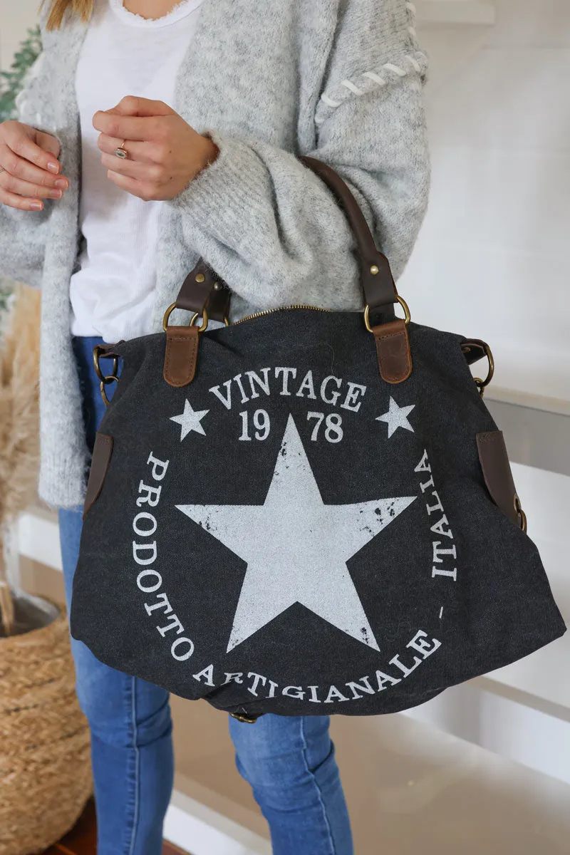 Sac à main gris anthracite en coton et anses en cuir logo étoile vintage