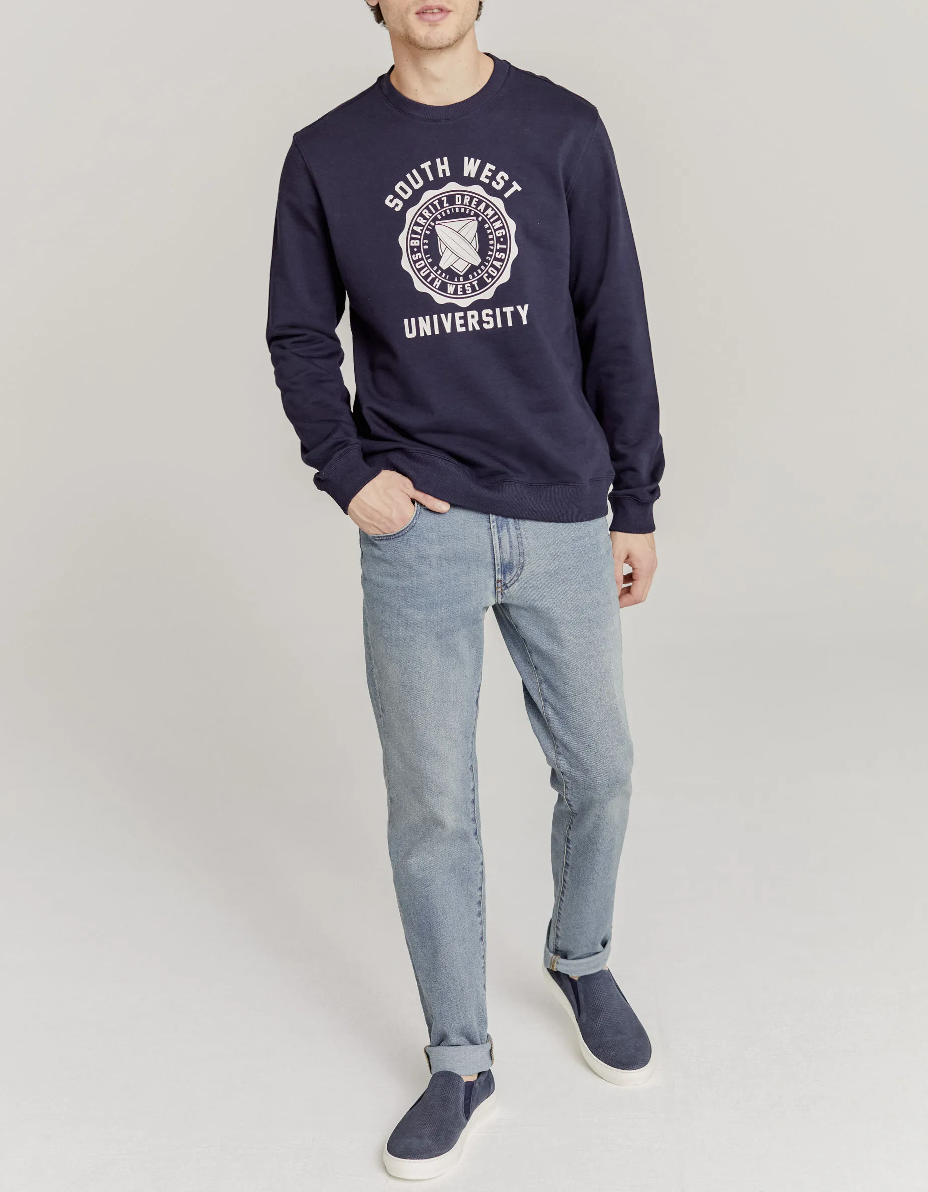 Sweat marine à blason blanc esprit Campus bio Homme