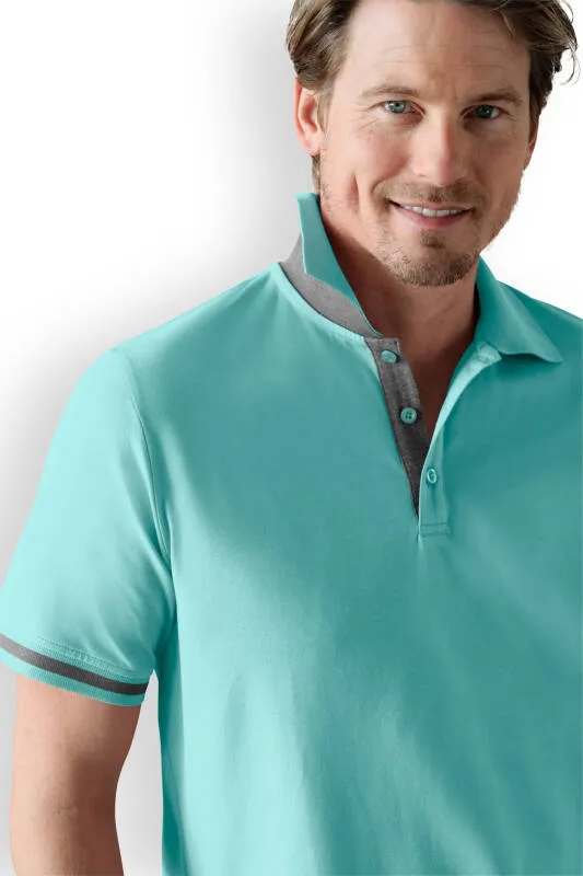 T-shirt Stretch Homme - Col polo vert d'eau/gris chiné foncé