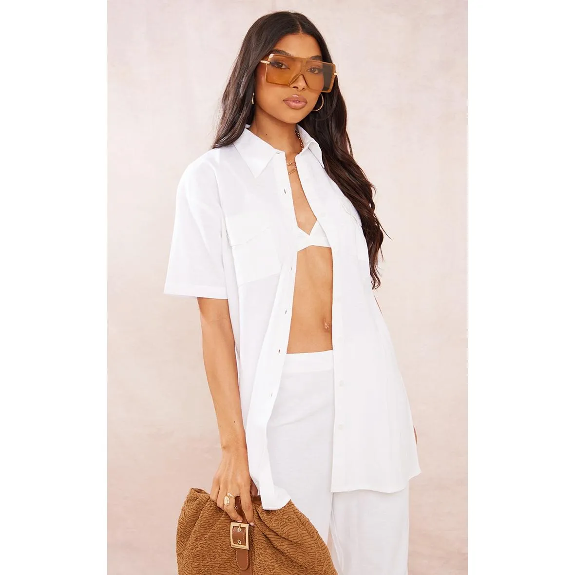 Tall – Chemise oversize blanche effet lin à poche et manches courtes