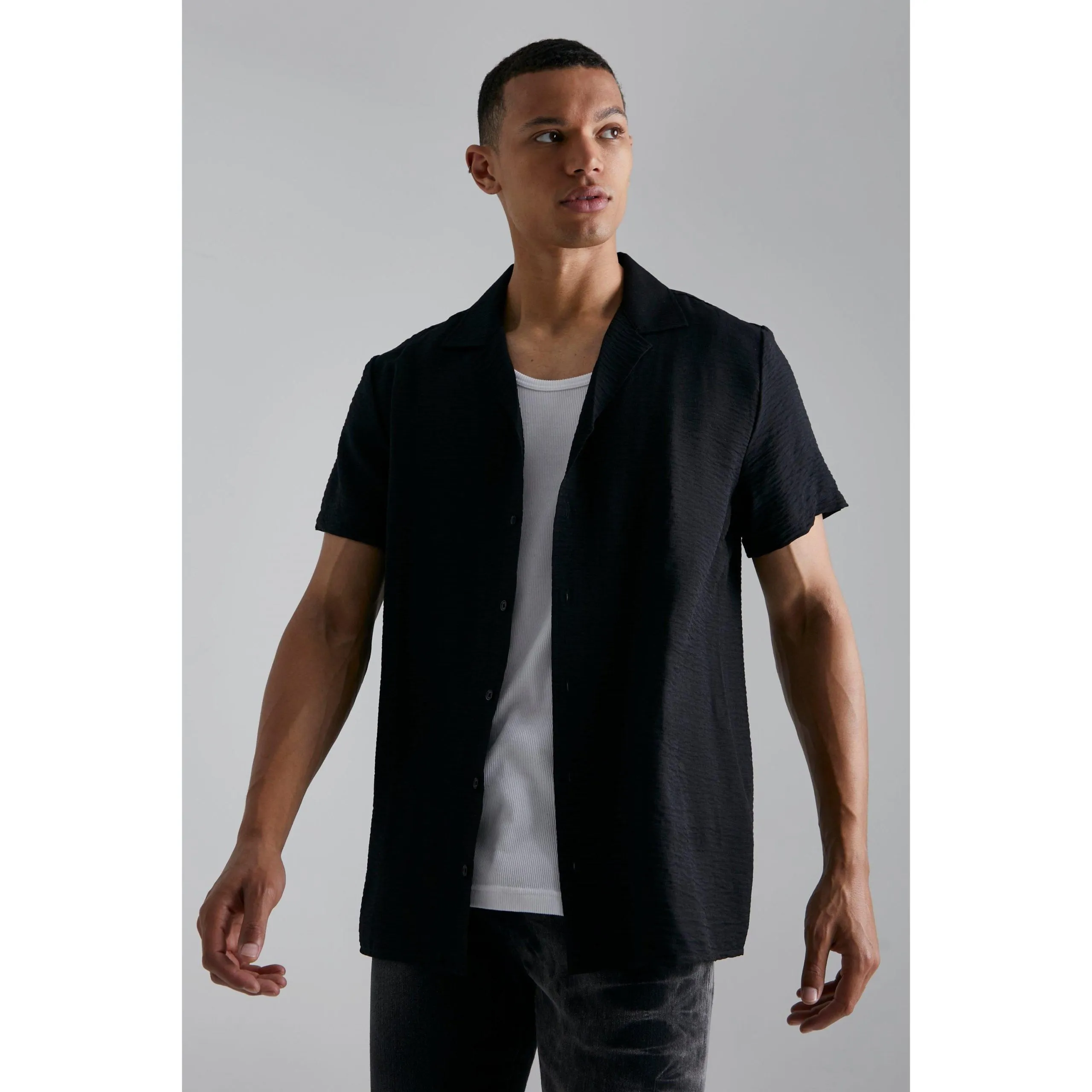 Tall – Chemise texturée à manches courtes – Noir