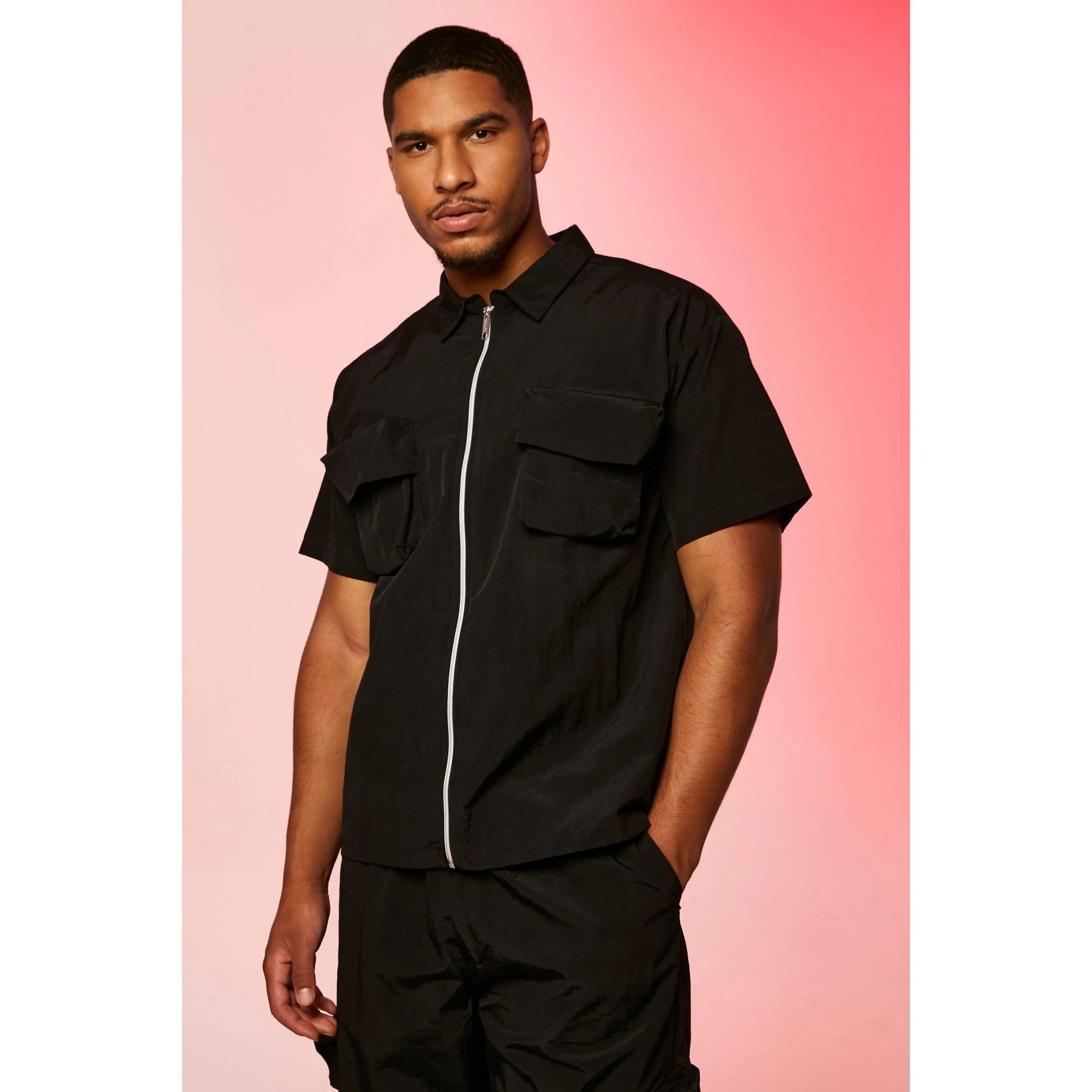 Tall – Chemise utilitaire texturée en nylon – Noir