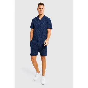 Tall – Ensemble en tissu gaufré avec chemise et short – Bleu foncè