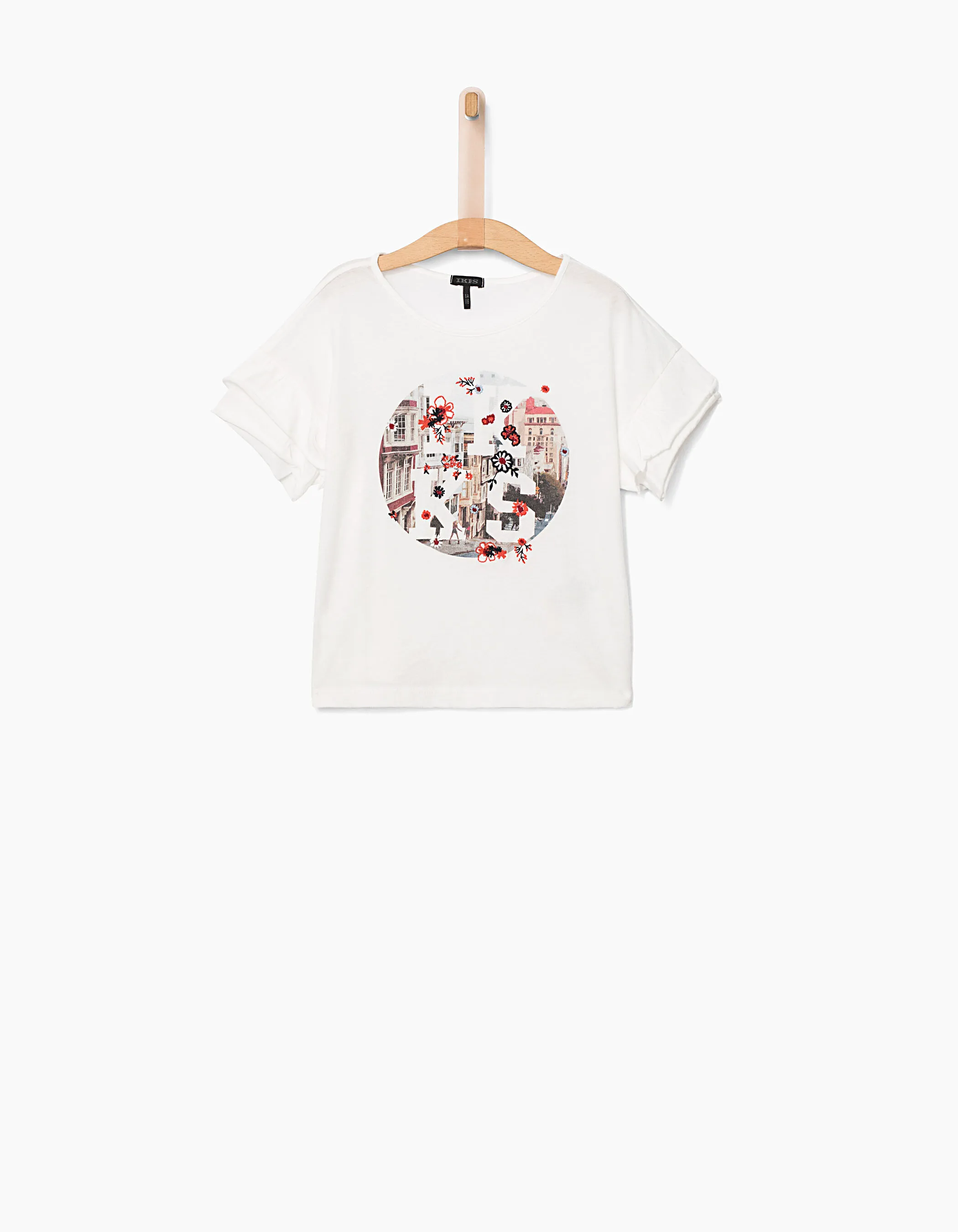 Tee-shirt cropped blanc cassé brodé fleurs fille