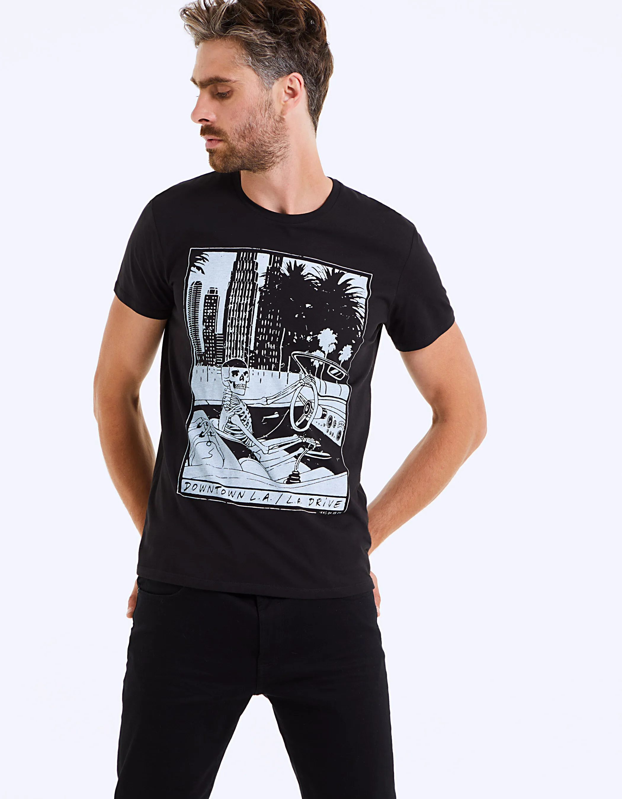 Tee-shirt noir avec chauffeur-squelette blanc Homme