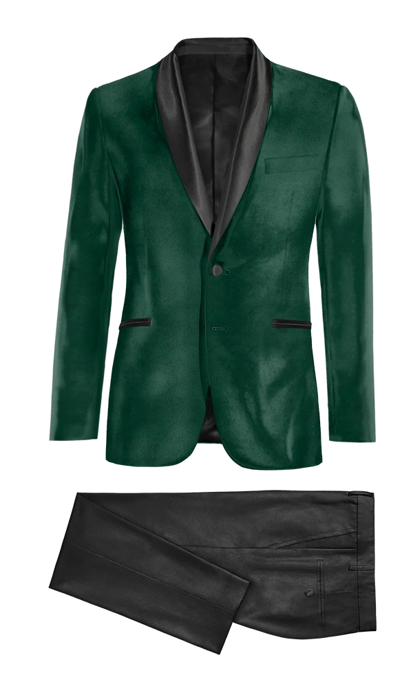 Veste de smoking vert en velours avec revers noir et pantalon noir